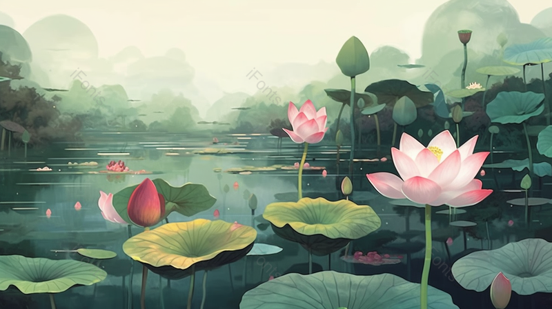 夏季湖泊岸边盛开的水莲,插画/手绘图,插画/手绘图库,插画/手绘图下载,插画/手绘